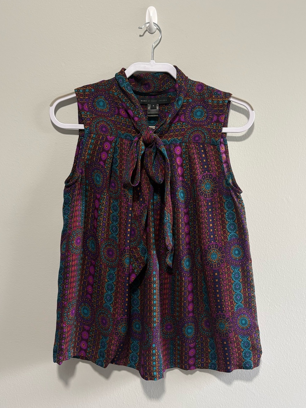 Marc by Marc Jacobs 100% Silk Bow Blouse Purple Teal Medallion Print S